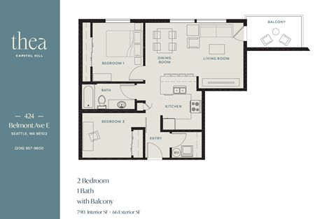 Floor plan for 2 beds, 1 bath, 790 sqft